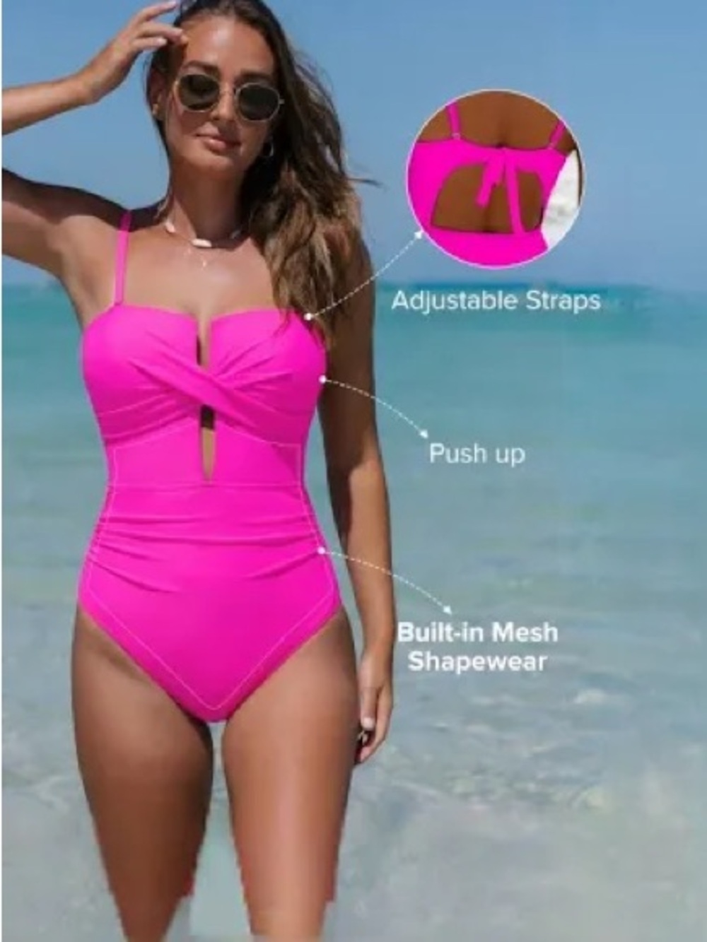 Women’s One-Piece Push-Up Swimsuit in Hot Pink with Adjustable Straps